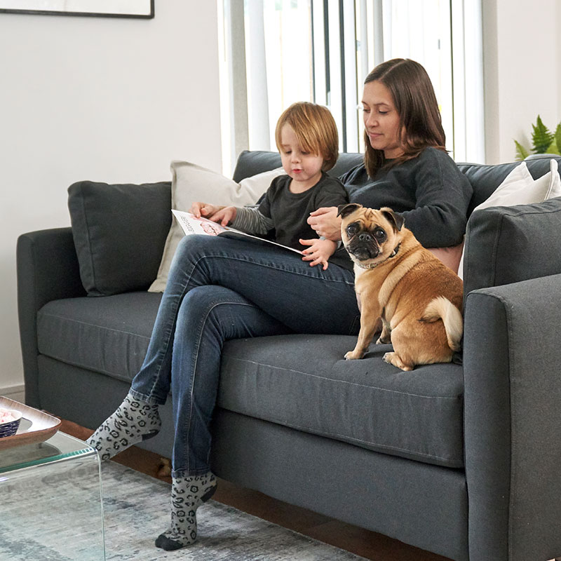 Mother and child on sofa with dog